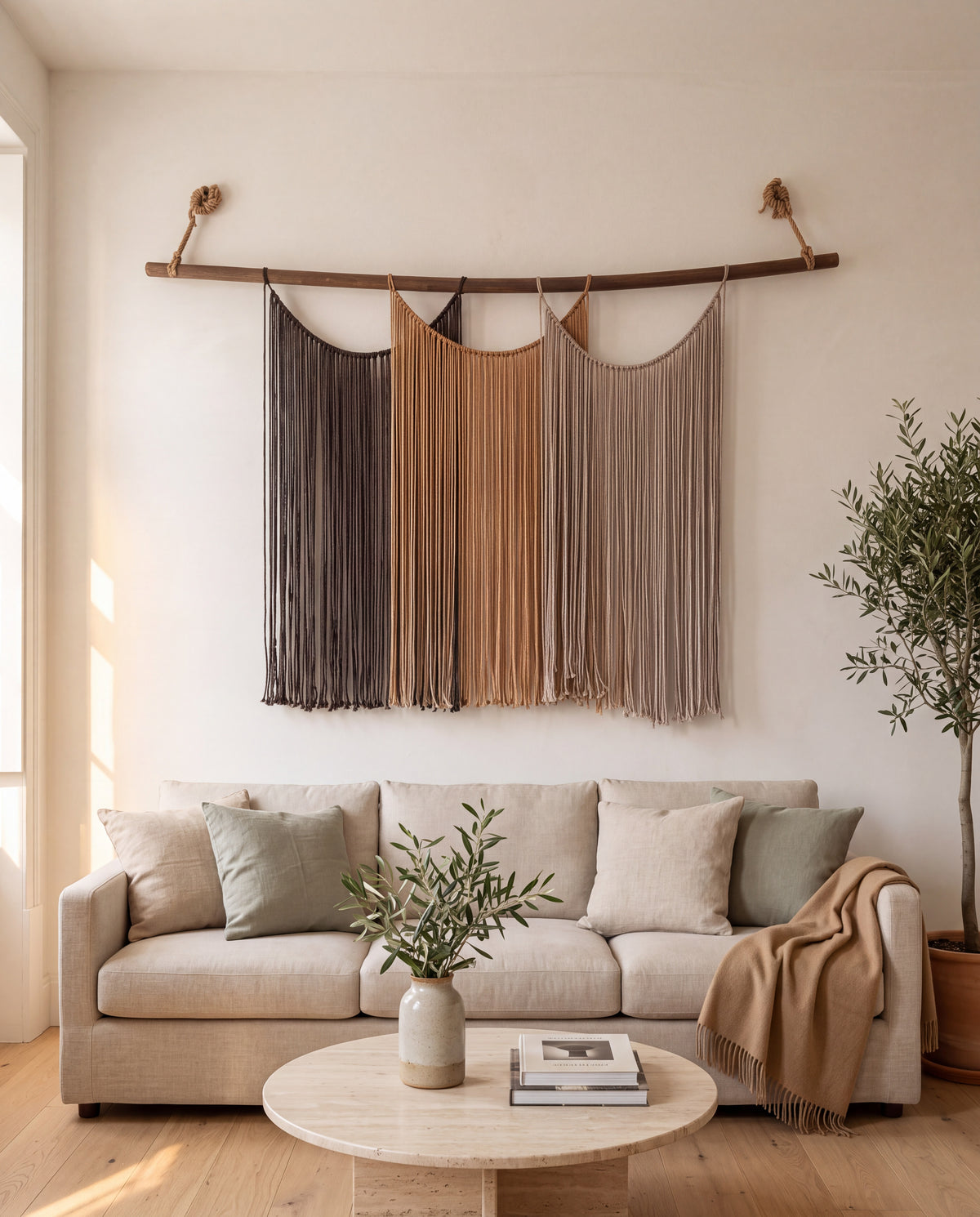 Suspenso Terra macramé wall hanging above an oatmeal linen sofa in a calm living room with plaster walls, an olive tree and a travertine table. AI setting: the room was created with AI and the piece is real.