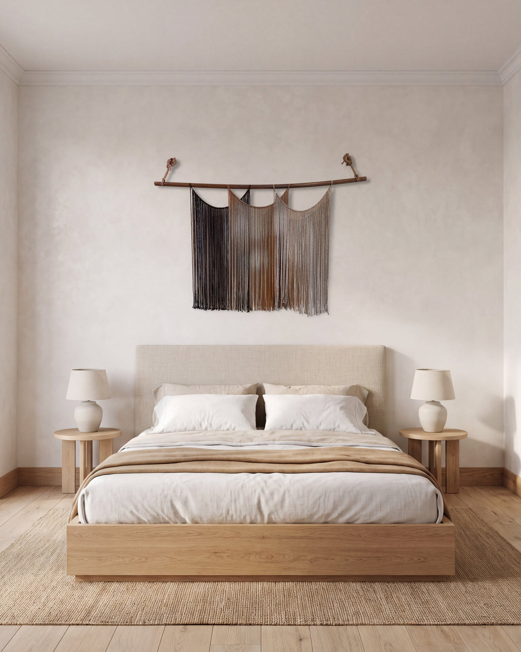 Suspenso Terra macramé wall hanging above a low oak bed with linen bedding and two ceramic lamps. AI setting: the room was created with AI and the piece is real.