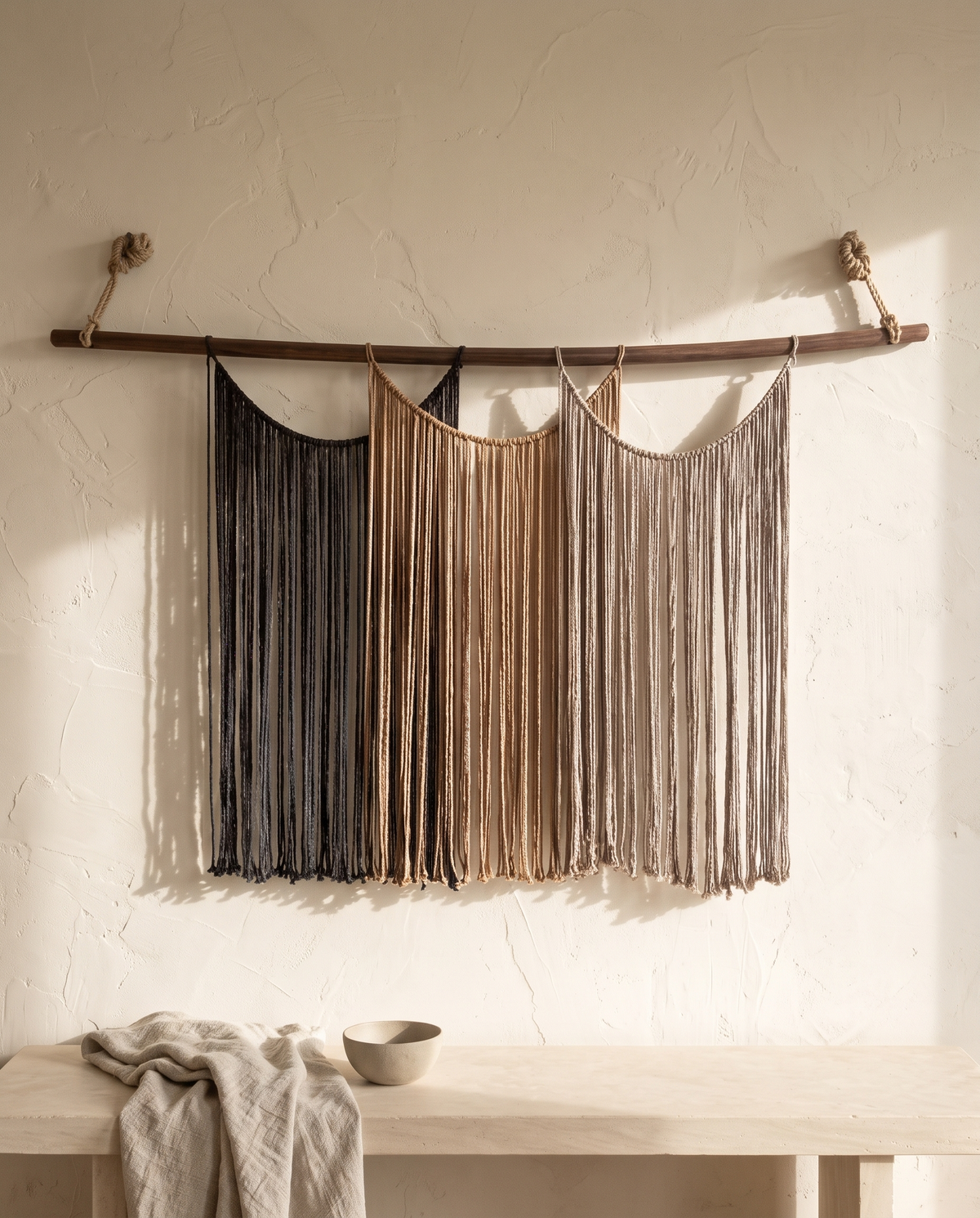 Suspenso Terra, gran tapiz de macramé de Nyra Atelier en carbón, caramelo y topo, sobre un banco de piedra caliza con una manta de lino, con luz de mañana