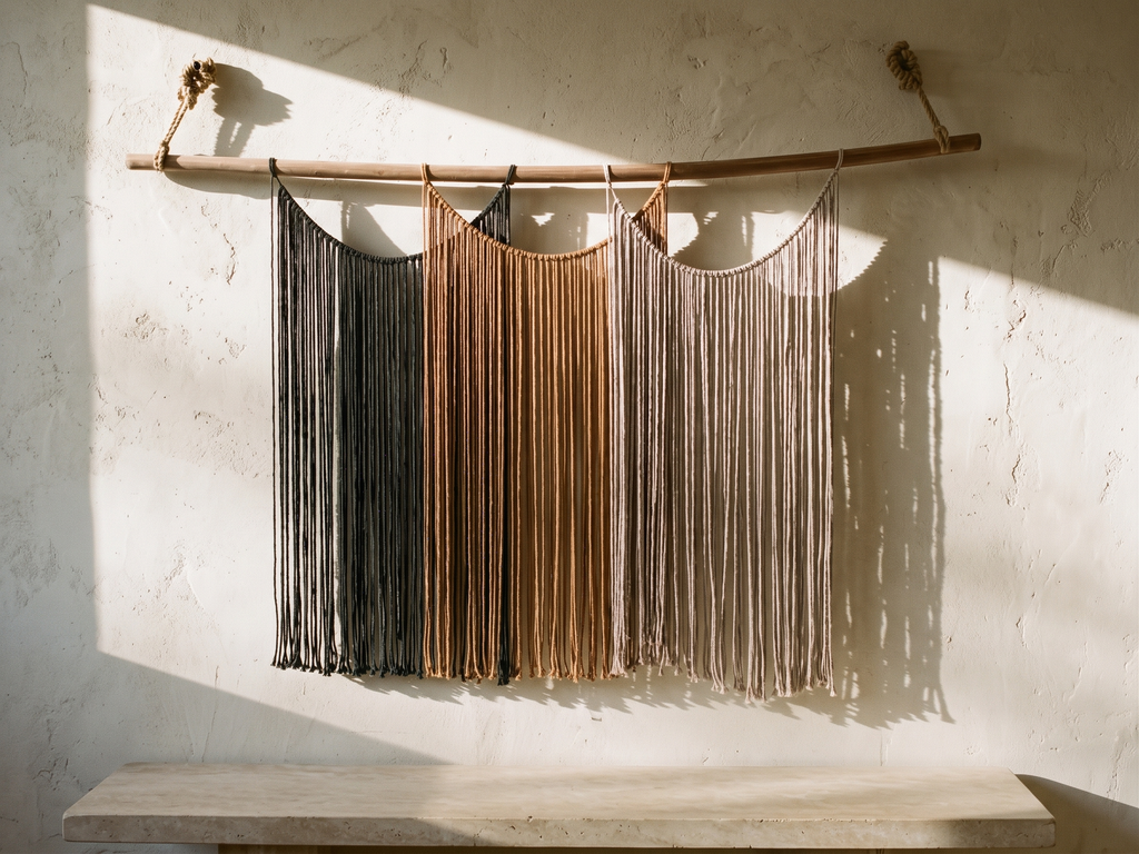 Suspenso Terra, large handmade macramé wall hanging by Nyra Atelier, on a lime-plaster wall above a limestone bench in afternoon sun. AI setting: the room was created with AI and the piece is real.
