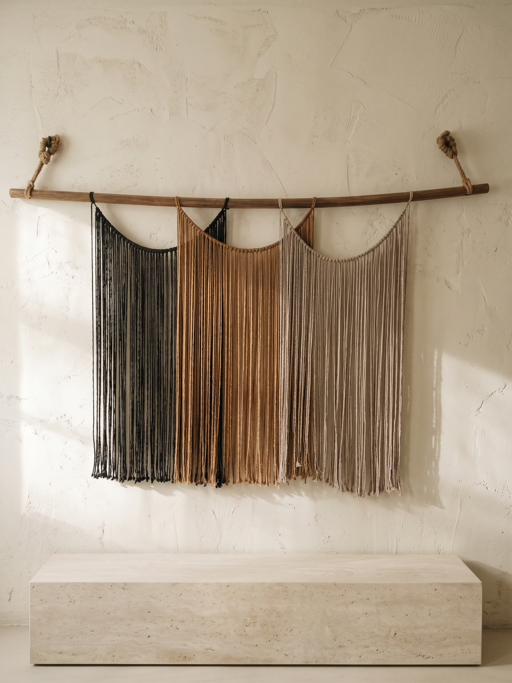 Suspenso Terra, large handmade macramé wall hanging by Nyra Atelier, on a cream lime-plaster wall above a limestone plinth in soft morning light. AI setting: the room was created with AI and the piece is real.