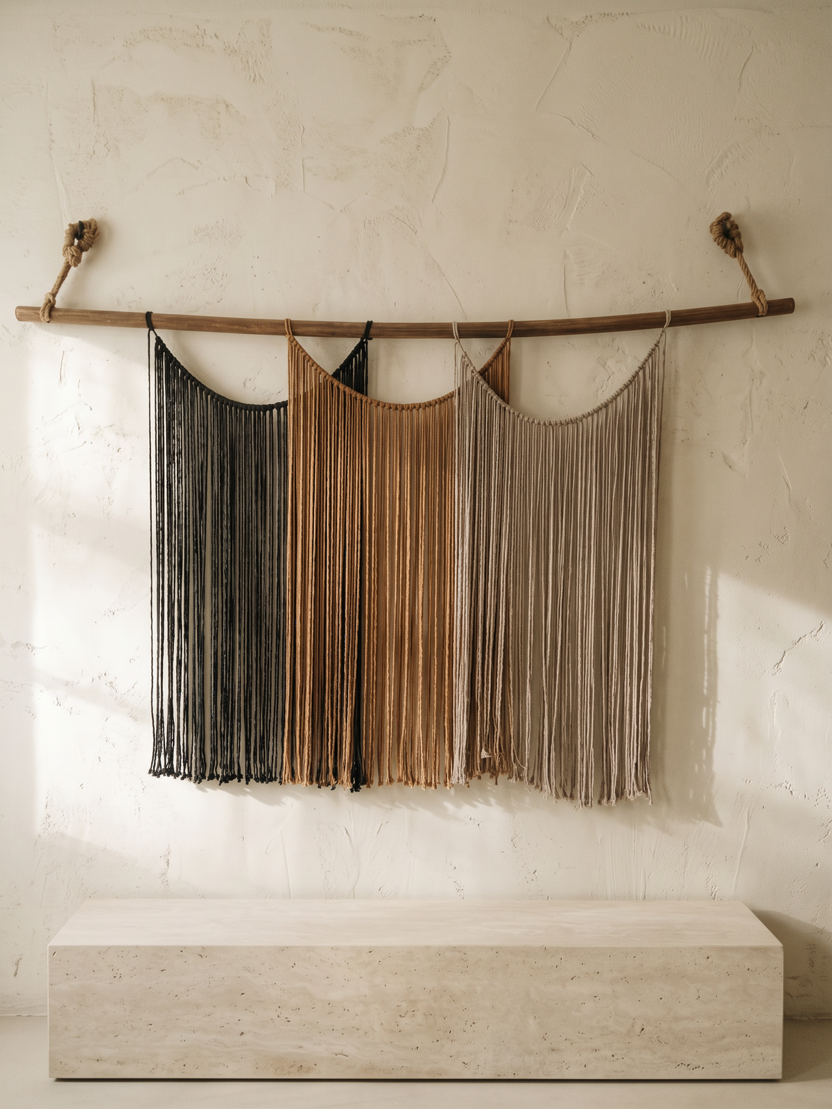 Suspenso Terra, large handmade macramé wall hanging by Nyra Atelier, on a cream lime-plaster wall above a limestone plinth in soft morning light. AI setting: the room was created with AI and the piece is real.