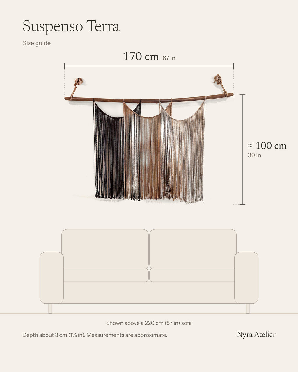 Size guide for Suspenso Terra: about 170 cm (67 in) wide, longest cords about 100 cm (39 in), about 3 cm deep, shown above a 220 cm (87 in) sofa for scale.