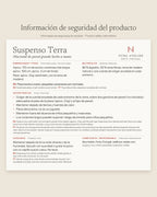 Product safety information for Suspenso Terra by Nyra Atelier: size, weight, materials, warnings and care (in Spanish, with English and Portuguese)