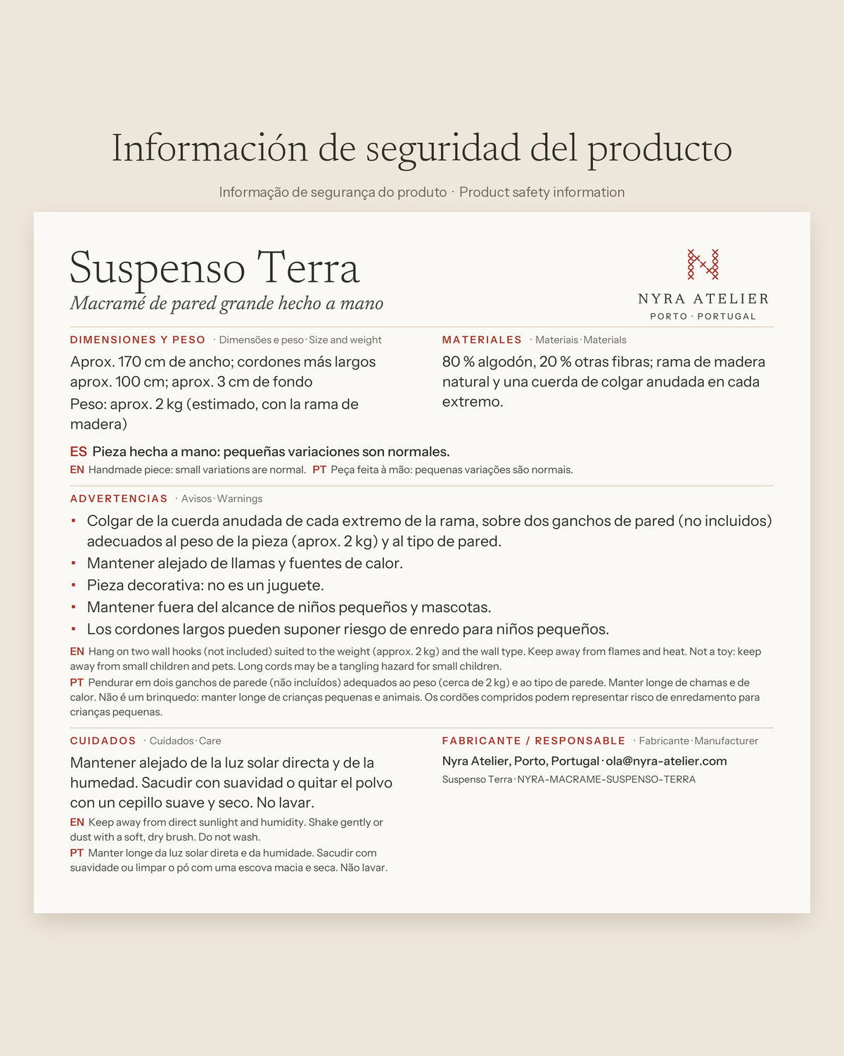 Product safety information for Suspenso Terra by Nyra Atelier: size, weight, materials, warnings and care (in Spanish, with English and Portuguese)