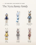 The Nyra Bunny Family: six handmade crochet bunnies by Nyra Atelier, Mia, Theo, Celeste, Sol, Luna and Rosa, shown side by side at their real relative sizes