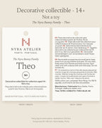 Hang tag of Theo by Nyra Atelier: decorative collectible for collectors aged 14+, not a toy, with materials and care