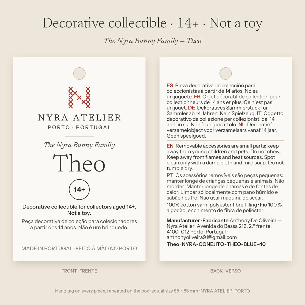 Hang tag of Theo by Nyra Atelier: decorative collectible for collectors aged 14+, not a toy; materials, care and maker details