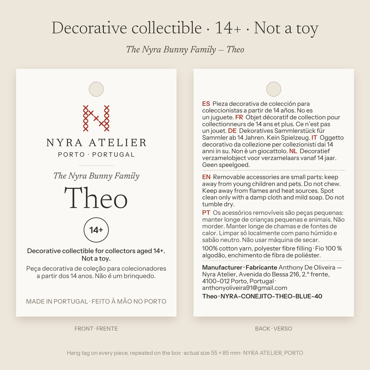 Hang tag of Theo by Nyra Atelier: decorative collectible for collectors aged 14+, not a toy; materials, care and maker details