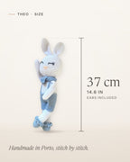 Size guide for Theo, handmade crochet bunny: about 37 cm (14.6 in) tall, ears included