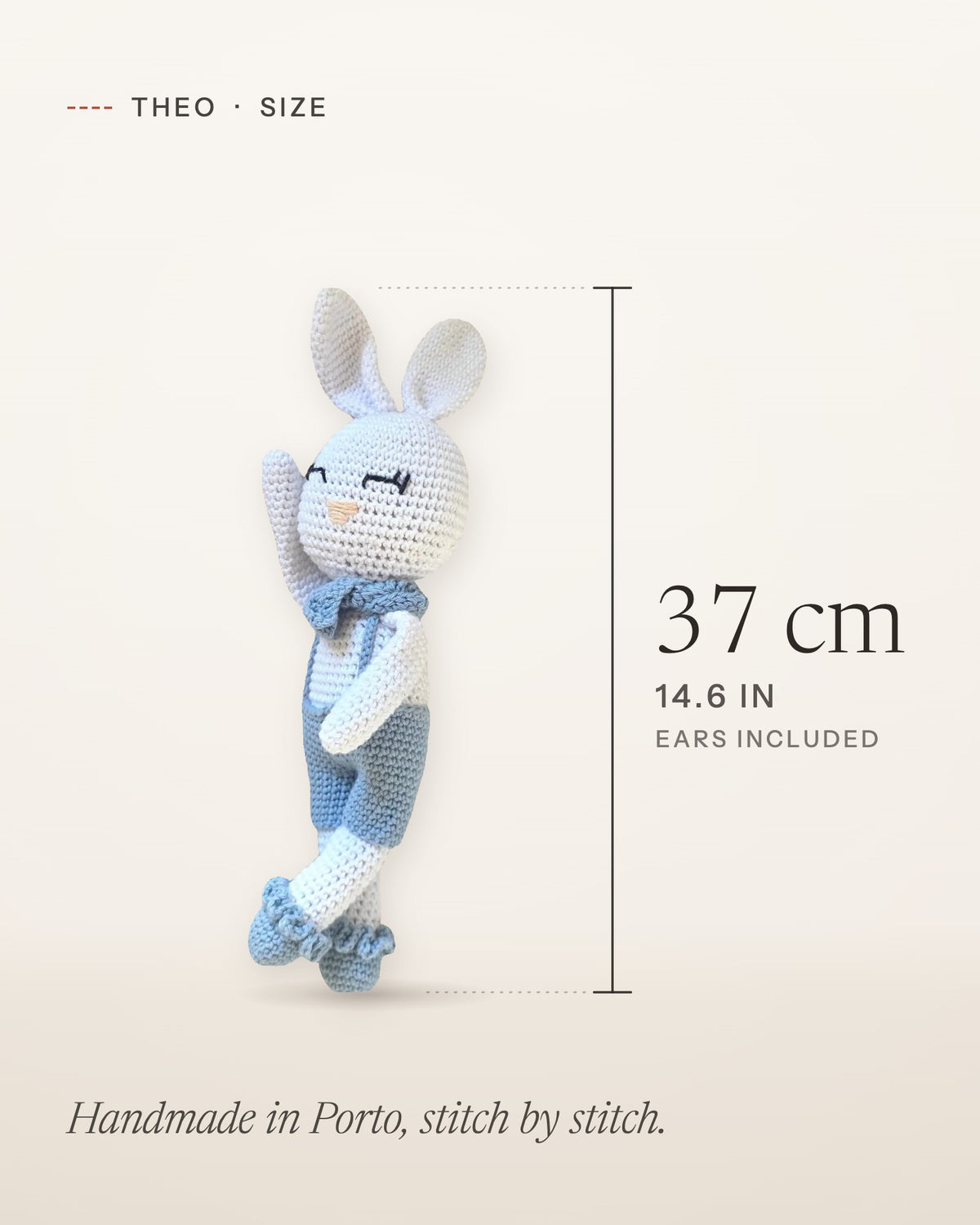 Size guide for Theo, handmade crochet bunny: about 37 cm (14.6 in) tall, ears included