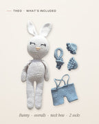 What’s included with Theo: the handmade crochet bunny, his removable light blue overalls, neck bow and two socks, laid flat